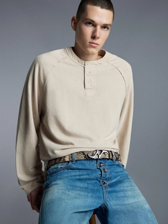Zdjęcie produktu Bershka Pasek Ze Sprzączką Z Motywem Zwierzęcym Mężczyzna Ciemnobeżowy