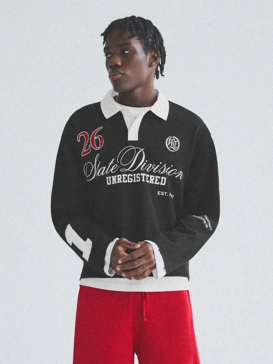 Zdjęcie produktu Bershka Polo Z Długim Rękawem I Nadrukiem Mężczyzna Czarny