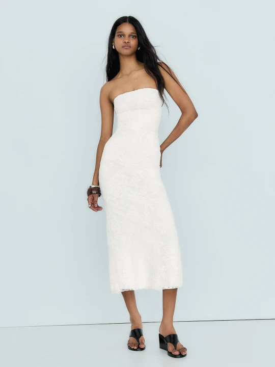 Zdjęcie produktu Bershka Rustykalna Sukienka Midi Bandeau Kobieta Kremowy