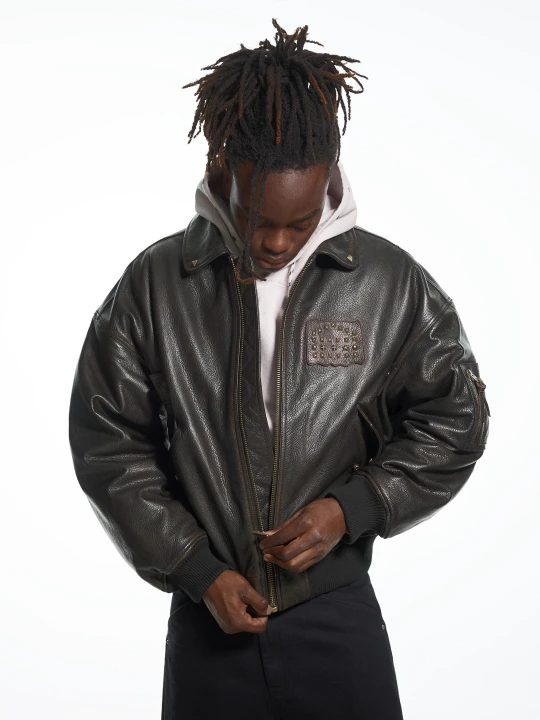 Zdjęcie produktu Bershka Skórzana Kurtka Bomber Aries X Bershka Mężczyzna Brązowy