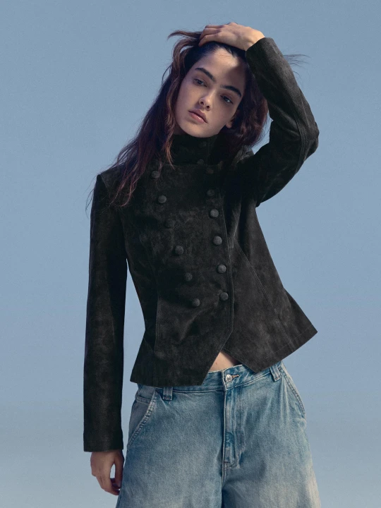 Zdjęcie produktu Bershka Skórzana Kurtka Dwurzędowa Z Guzikami Kobieta Zielony