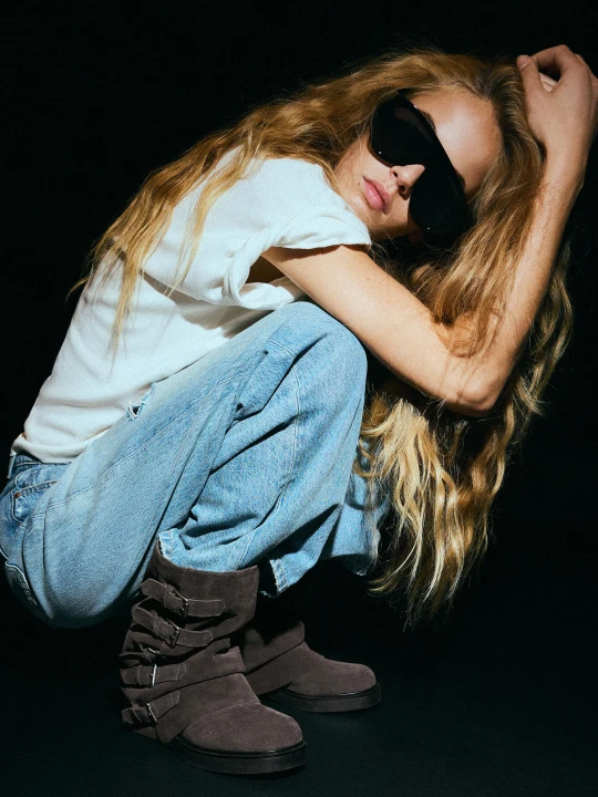 Zdjęcie produktu Bershka Skórzane Botki Trouser Biker Kobieta Szarobrązowy