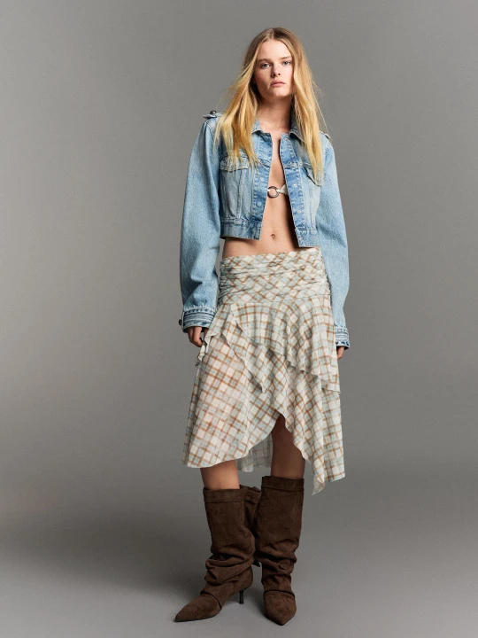 Zdjęcie produktu Bershka Spódnica Midi W Kratę Kobieta Jasnoniebieski