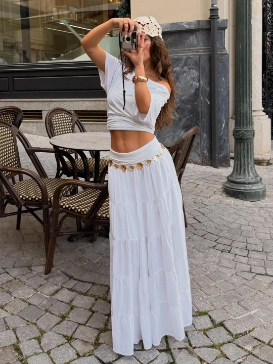 Zdjęcie produktu Bershka Spódnica Midi Z Wywiniętym Pasem Kobieta Biały