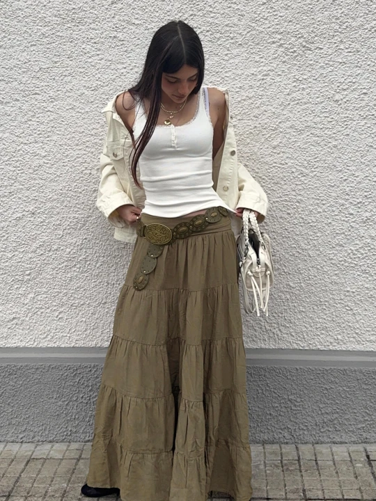 Zdjęcie produktu Bershka Spódnica Midi Z Podwiniętym Pasem Kobieta Khaki