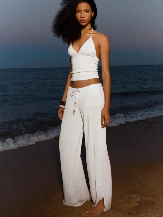 Zdjęcie produktu Bershka Spodnie Wide Leg Z Elastycznym Pasem Kobieta Kremowy