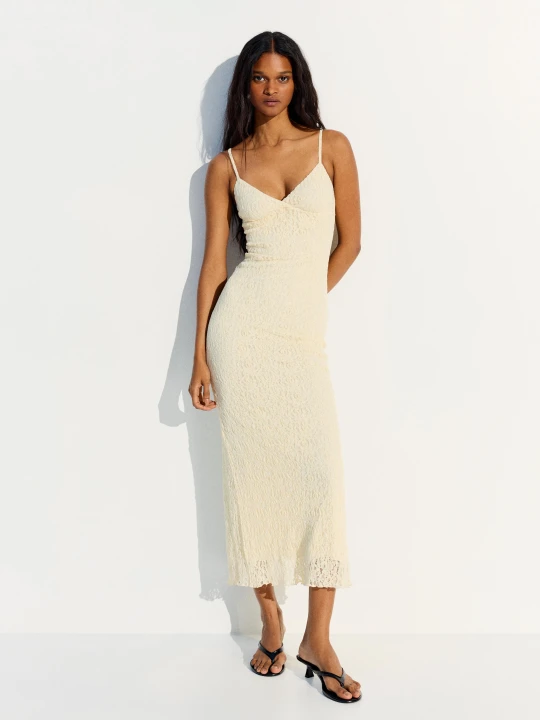 Zdjęcie produktu Bershka Sukienka Midi Na Ramiączkach Z Koronką Kobieta Żółty