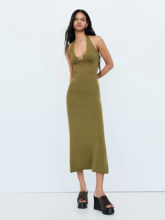 Zdjęcie produktu Bershka Sukienka Midi Wiązana Na Szyi Kobieta Khaki