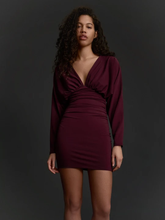 Zdjęcie produktu Bershka Sukienka Mini Z Marszczeniami Kobieta Bordowy
