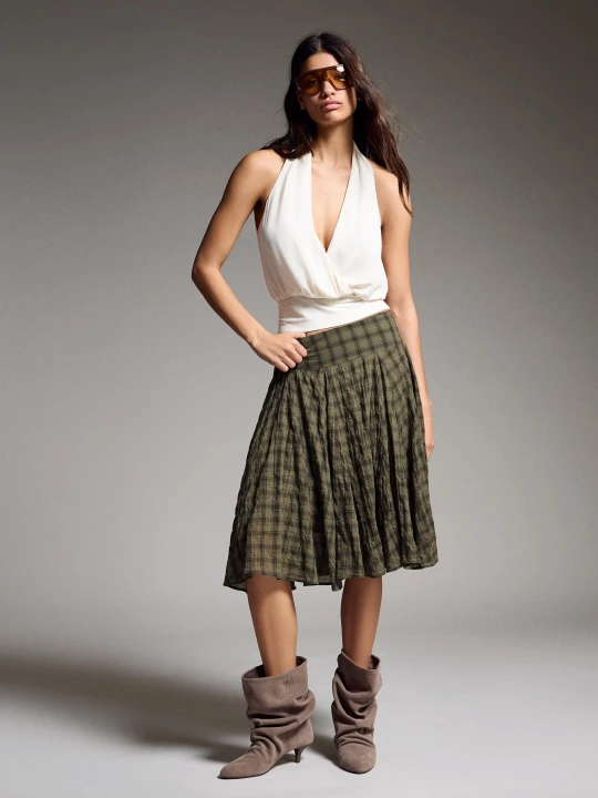 Zdjęcie produktu Bershka Szeroka Spódnica Midi W Kratę Kobieta Khaki