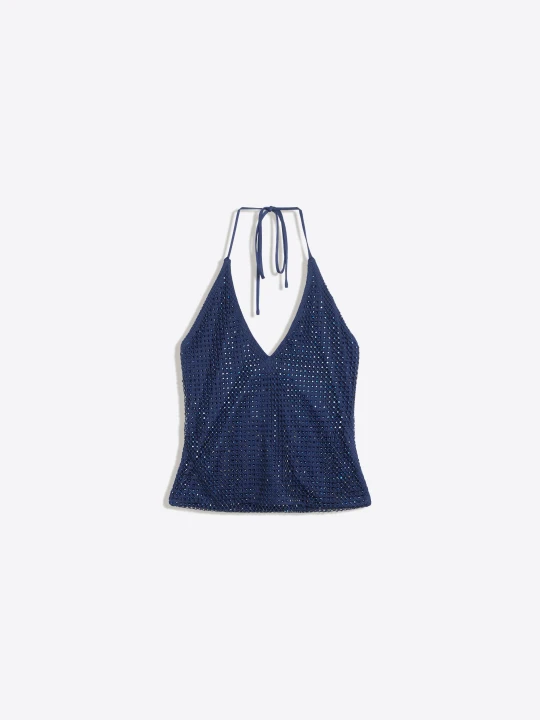 Zdjęcie produktu Bershka Top Halter – Efekt: Biżuteryjne Zdobienia Kobieta Ciemnoniebieski