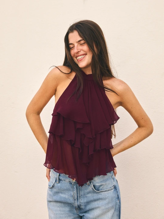 Zdjęcie produktu Bershka Top Halter Z Falbankami Kobieta Rubinowy
