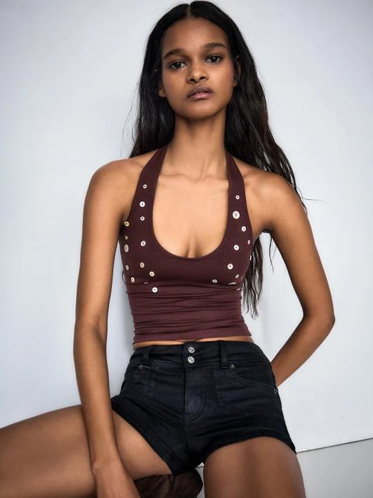 Zdjęcie produktu Bershka Top Halter Z Guzikami Kobieta Brązowy