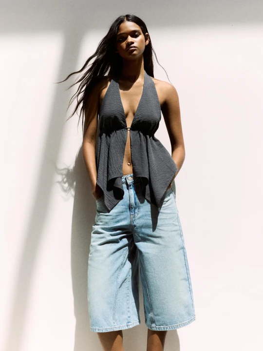 Zdjęcie produktu Bershka Top Halter Z Wiązaniem Kobieta Ciemnoszary