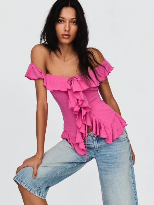 Zdjęcie produktu Bershka Top Hiszpanka Z Falbankami Kobieta Fuksja