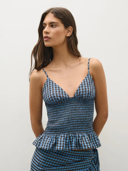 Zdjęcie produktu Bershka Top Na Ramiączkach W Kratę Z Krepy Kobieta Niebieski