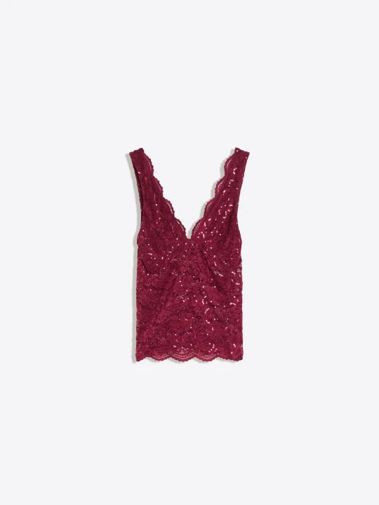 Zdjęcie produktu Bershka Top Z Dekoltem W Serek, Koronką I Cekinami Kobieta Rubinowy