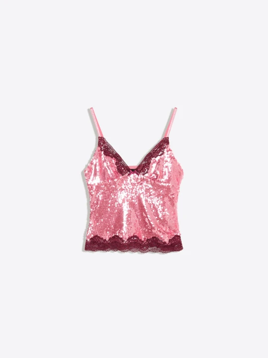 Zdjęcie produktu Bershka Top Z Koronką I Cekinami Na Cienkich Ramiączkach Kobieta Różowy