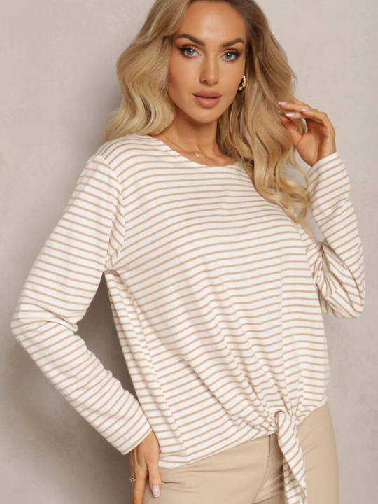 Zdjęcie produktu Beżowa Bawełniana Bluzka z Wiązaniem na Dole Bettine Italy Moda