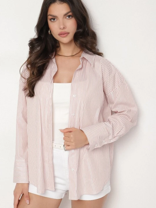 Zdjęcie produktu Beżowa Bawełniana Koszula Oversize w Prążki Zdobiona Metaliczną Nicią Paserella Rosa