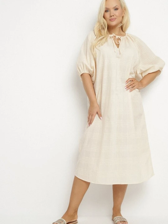 Zdjęcie produktu Beżowa Bawełniana Sukienka Oversize z Wiązaniem pod Szyją Tolanea Melya By Melody