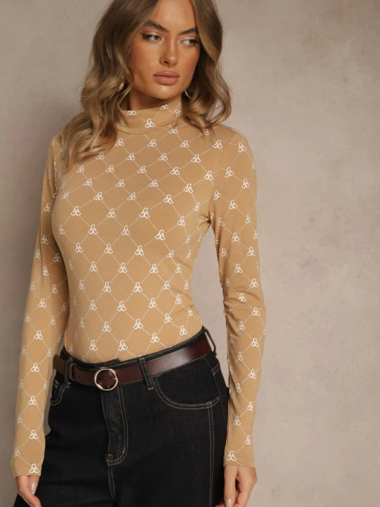 Zdjęcie produktu Beżowa Bluzka Longsleeve Półgolf z Bawełny Ozdobiona Geometrycznym Nadrukiem Zantila Glo-story