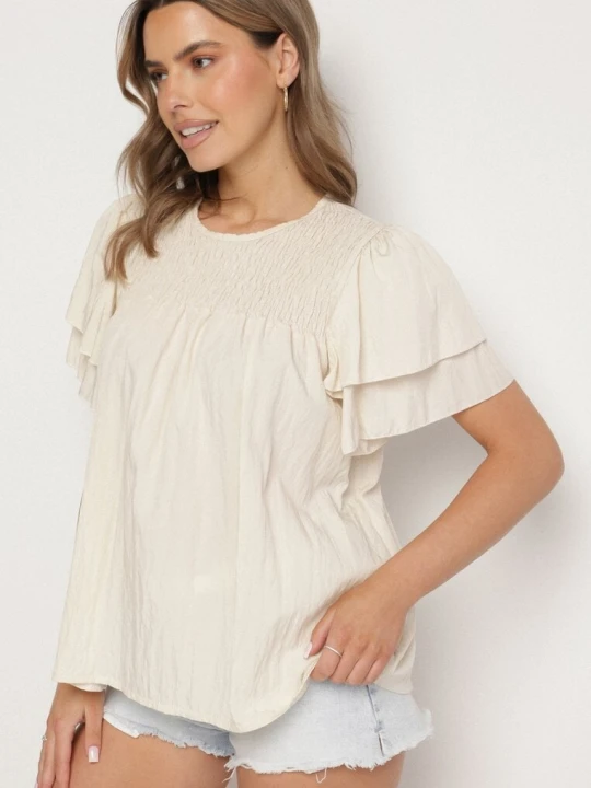 Zdjęcie produktu Beżowa Bluzka z Wiskozą o Trapezowym kroju z Falbankami i Elastyczną Wstawką Dorlimi New Collection