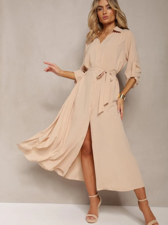 Zdjęcie produktu Beżowa Casualowa Sukienka Koszulowa na Guziki z Kieszeniami Jezebel Unigirl