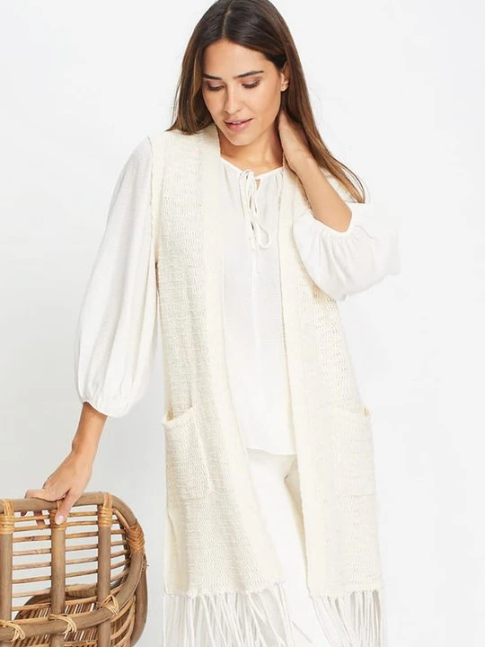 Zdjęcie produktu Beżowa długa kamizelka damska w stylu boho – Designer Choice Olsen