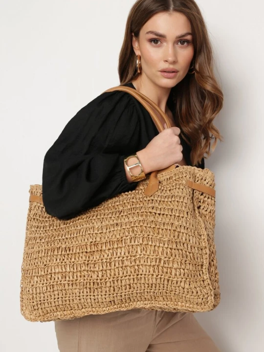Zdjęcie produktu Beżowa Duża Torebka Tote Plażowa z Plecionki w Stylu Boho Delmirra
