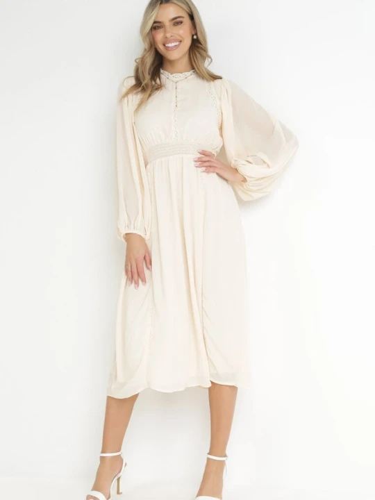 Zdjęcie produktu Beżowa Elegancka Sukienka Midi z Gumkami w Pasie i Ażurowymi Wstawkami Rouxia Unigirl