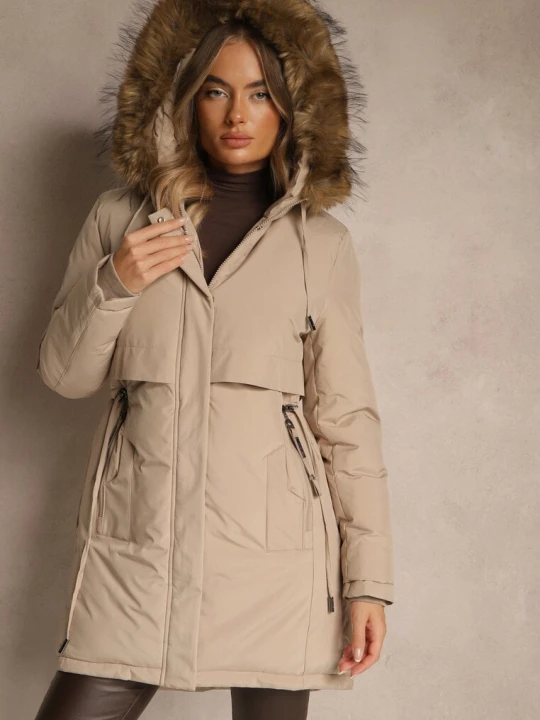 Zdjęcie produktu Beżowa Klasyczna Kurtka Parka z Kapturem z Futrem Nalisava Swest