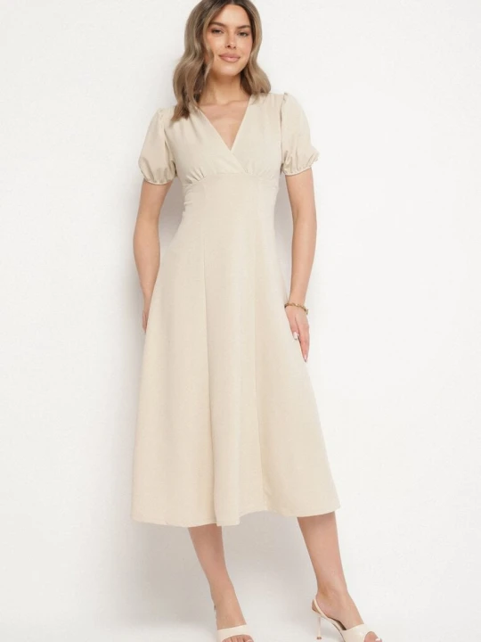 Zdjęcie produktu Beżowa Koktajlowa Sukienka o Rozkloszowanym Kroju z Wiązaniem Zilarie Lovery