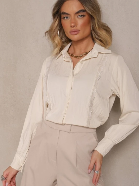 Zdjęcie produktu Beżowa Koszula z Wiskozą Ozdobiona Koronką Tenamara J Studio