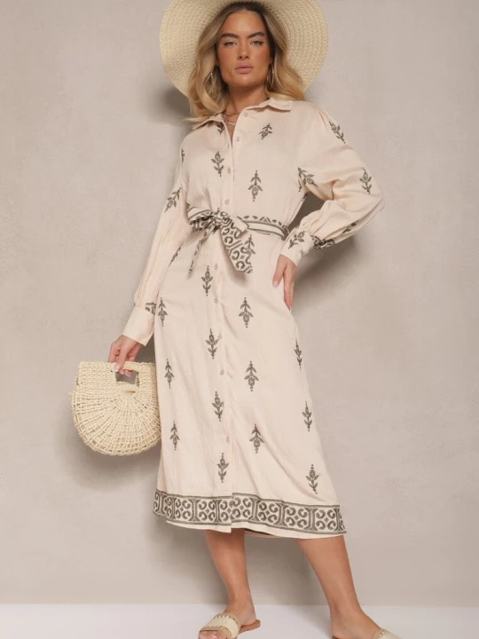 Zdjęcie produktu Beżowa Koszulowa Sukienka w Stylu Szmizjerki z Wiskozy Wiązana w Talii Telaniwena Unigirl