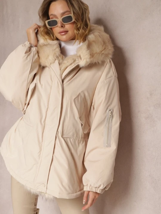 Zdjęcie produktu Beżowa Kurtka Parka Oversize z Futerkiem Horelle Jus De Pom