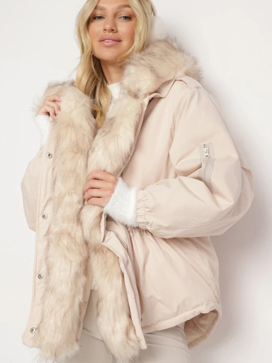 Zdjęcie produktu Beżowa Kurtka Parka Oversize z Futerkiem Mitto Jus De Pom