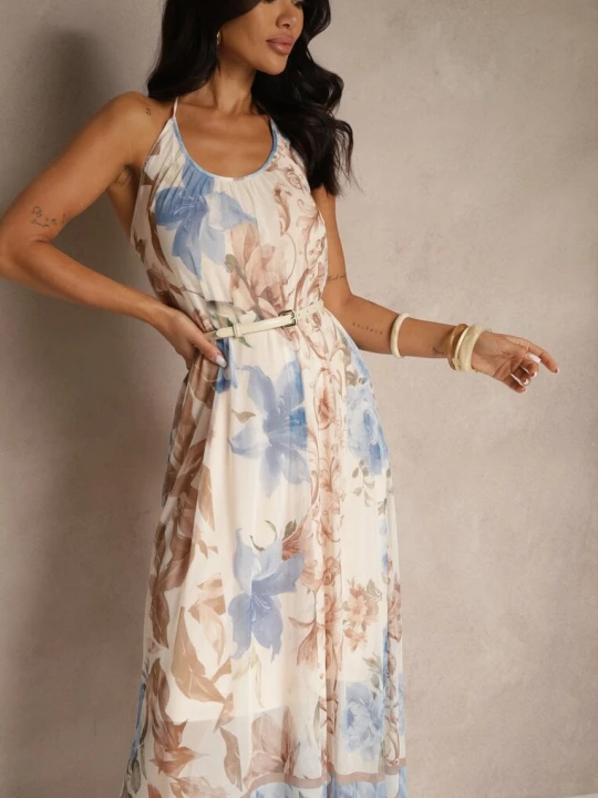 Zdjęcie produktu Beżowa Kwiatowa Sukienka Siateczkowa z Wiskozą Izurelia New Collection
