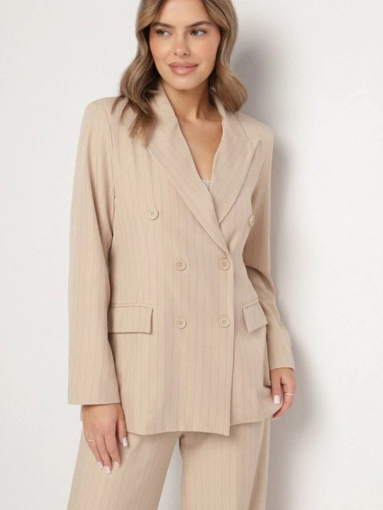 Zdjęcie produktu Beżowa Marynarka Dwurzędowa z Wiskozą i Usztywnianymi Ramionami Elliovae New Collection