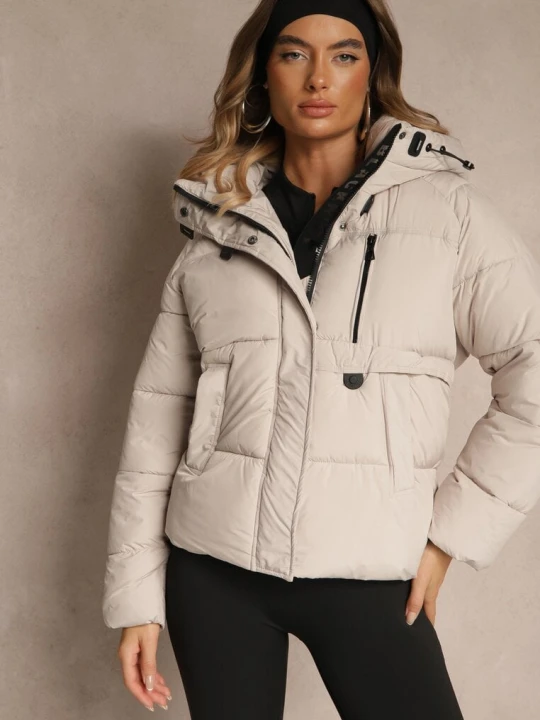 Zdjęcie produktu Beżowa Pikowana Kurtka o Fasonie Oversize z Kapturem Galadea Swest