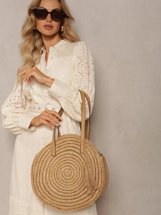 Zdjęcie produktu Beżowa Pleciona Okrągła Torebka Shopperka z Długimi Rączkami i Paskiem Acelema