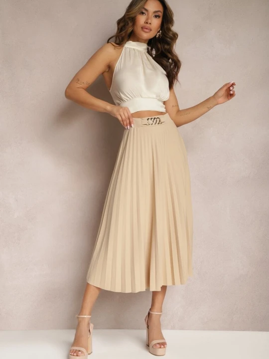 Zdjęcie produktu Beżowa Plisowana Spódnica z Gumką w Talii i Ozdobą w Serca Pearlis New Collection