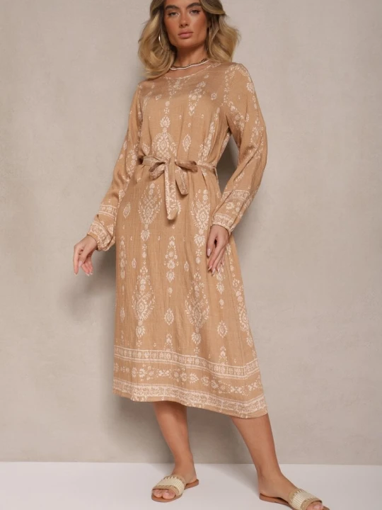 Zdjęcie produktu Beżowa Pudełkowa Sukienka Boho w Etniczne Wzory z Paskiem Lisalenea J&x