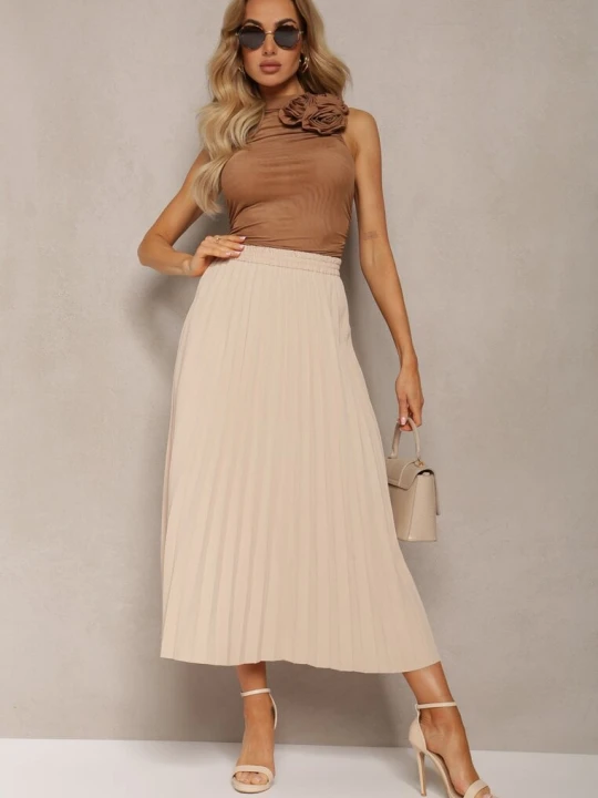 Zdjęcie produktu Beżowa Rozkloszowana Spódnica High Waist z Ozdobnymi Plisami i Gumką w Pasie Veratia Sophyline