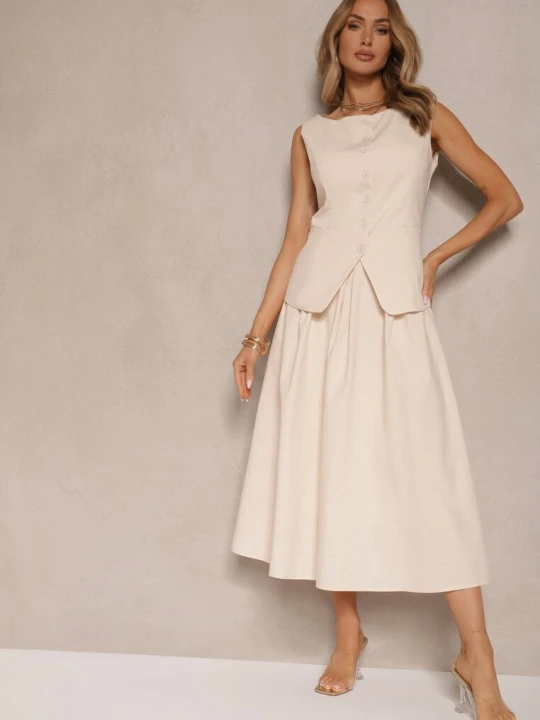 Zdjęcie produktu Beżowa Rozkloszowana Spódnica z Bawełną High Waist Katavira Retro & Icone