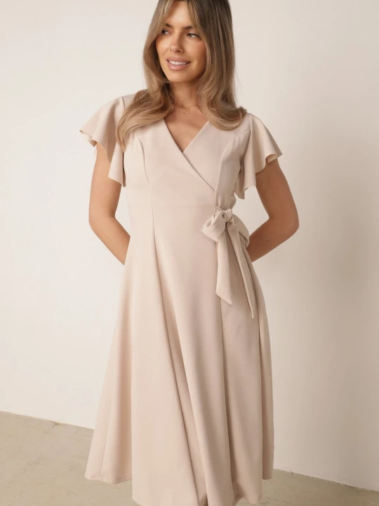 Zdjęcie produktu Beżowa Rozkloszowana Sukienka Kopertowa z Wiązaniem w Talii Dannila New Collection