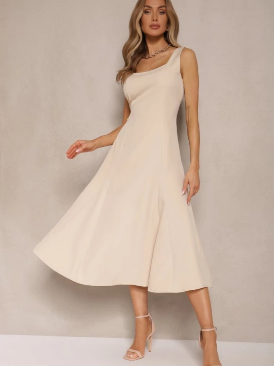 Zdjęcie produktu Beżowa Rozkloszowana Sukienka w Klasycznym Stylu Deslene New Collection