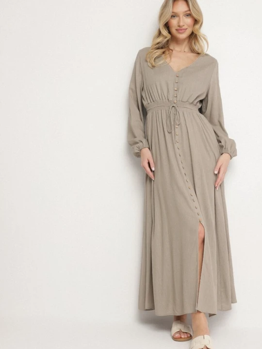 Zdjęcie produktu Beżowa Rozkloszowana Sukienka z Lnem i Wiskozą Zdobiona Guzikami Maitiella M&d Fashion