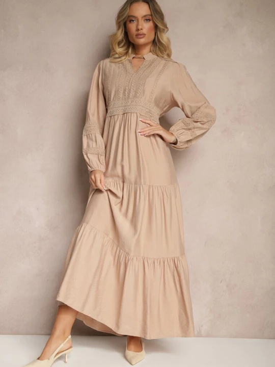 Zdjęcie produktu Beżowa Rozkloszowana Sukienka z Wiskozy w Stylu Boho z Koronką i Gumką Gonalien Maja Studio