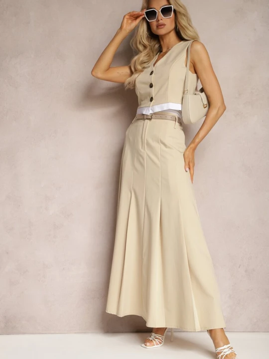 Zdjęcie produktu Beżowa Spódnica Długa Rozkloszowana High Waist Leoraia Lily Rose